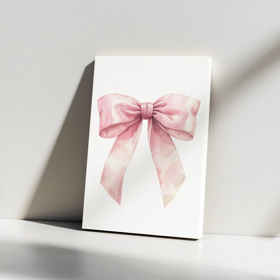 Pink Bow Wall Art | Watercolor Ribbon Minimalist Print | Premium Gallery Wrapped Canvas | Elegant Nursery or Bedroom Home Decor