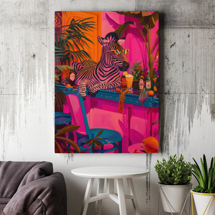 Tropical Zebra Wall Art | Colorful Lounging Animal Bar Scene | Premium Fade-Resistant Canvas | Eclectic Home Decor Gift For Animal Lovers