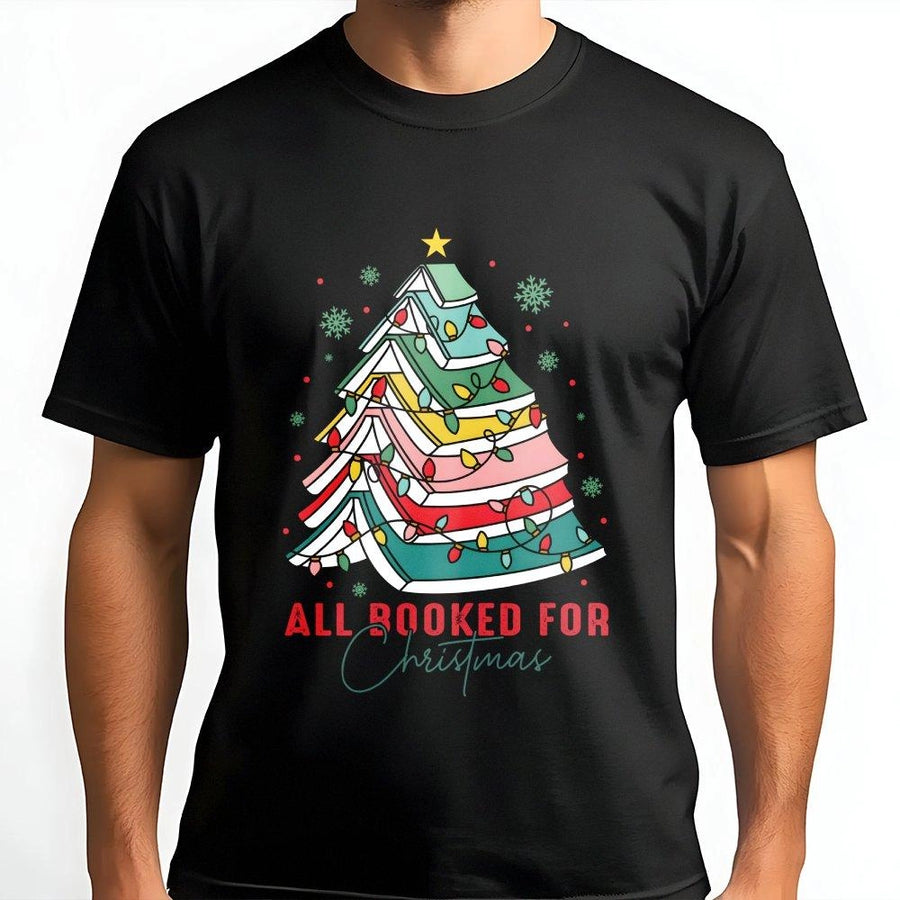 All Booked For Christmas T-Shirt | Book Tree Graphic Tee | Premium Cotton Soft Print | Librarian Teacher Holiday Gift Apparel