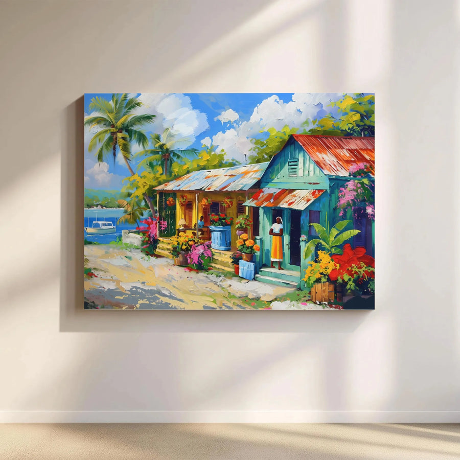 Vibrant Caribbean Town Canvas Art | Impressionist Tropical Village Painting | Premium Thick Gallery Wrap | Coastal Living Room Decor Gift