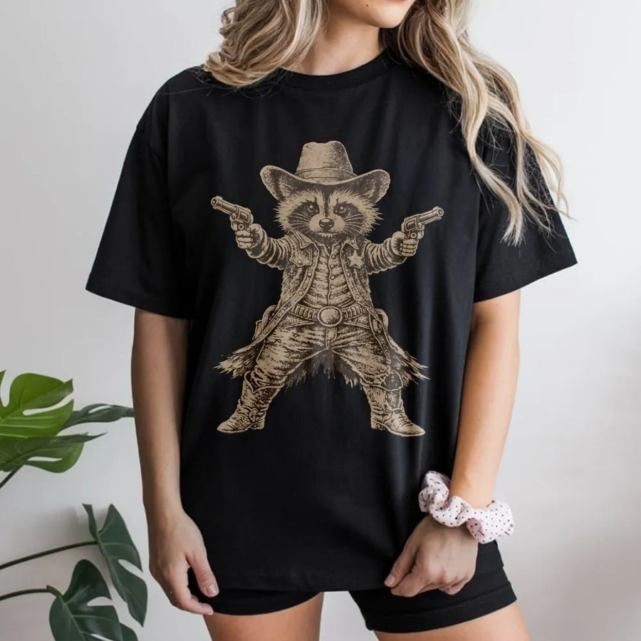 Cowboy Raccoon T-Shirt | Retro Western Gunslinger Graphic | Soft Cotton Blend Sweatshirt | Funny Unisex Animal Lover Gift