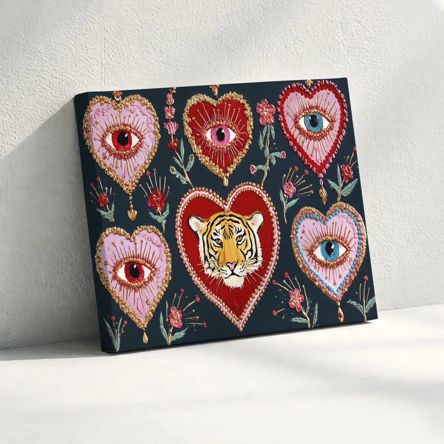 Tiger and Evil Eye Wall Art | Boho Heart Floral Gallery Print | Premium Thick Gallery Wrap Canvas | Spiritual Home Decor Gift for Her