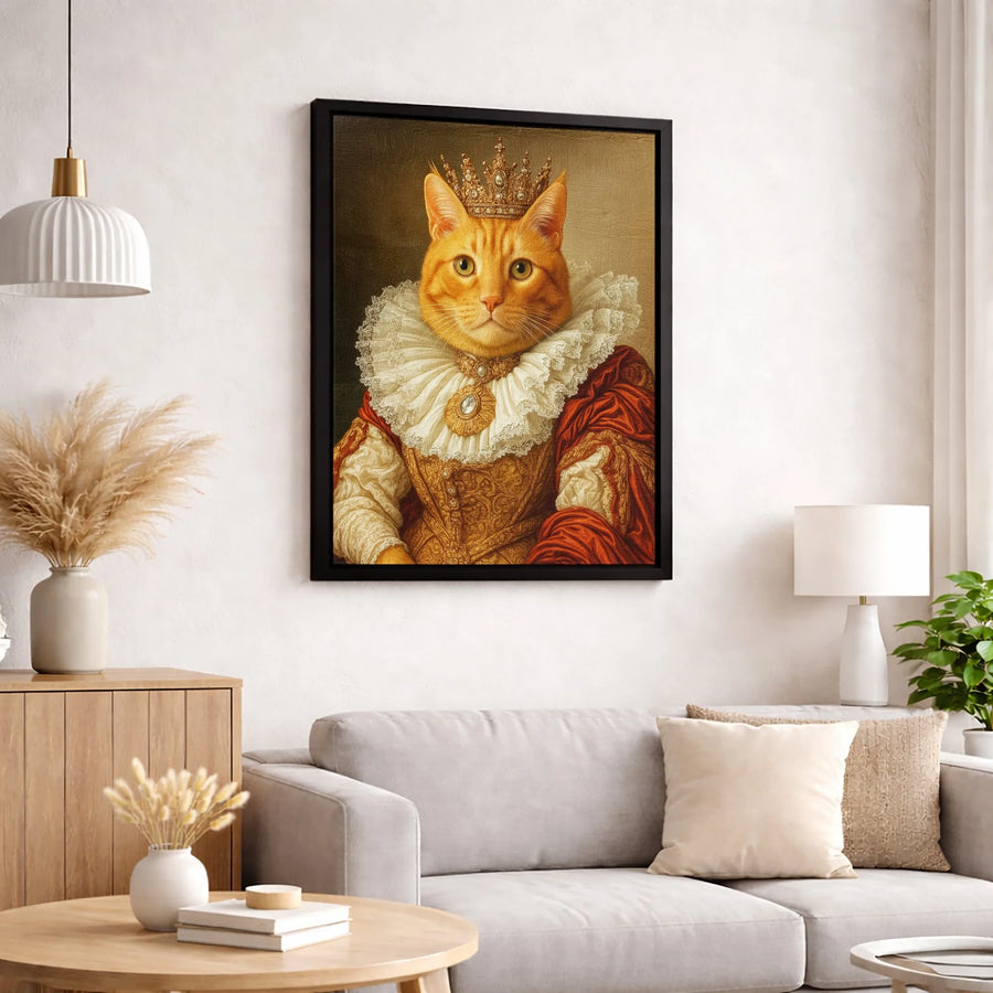 Royal Queen Cat Canvas Wall Art | Regal Orange Tabby Portrait with Crown | Premium Gallery Wrap Print | Whimsical Pet Lover Home Decor Gift