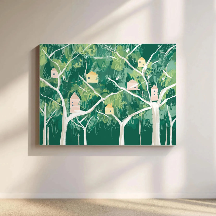 Woodland Forest Treehouse Horizontal Canvas | Cute Pastel House Canopy Illustration | Premium 1.25 Inch Gallery Wrap | Charming Nursery & Living Room Wall Art Gift