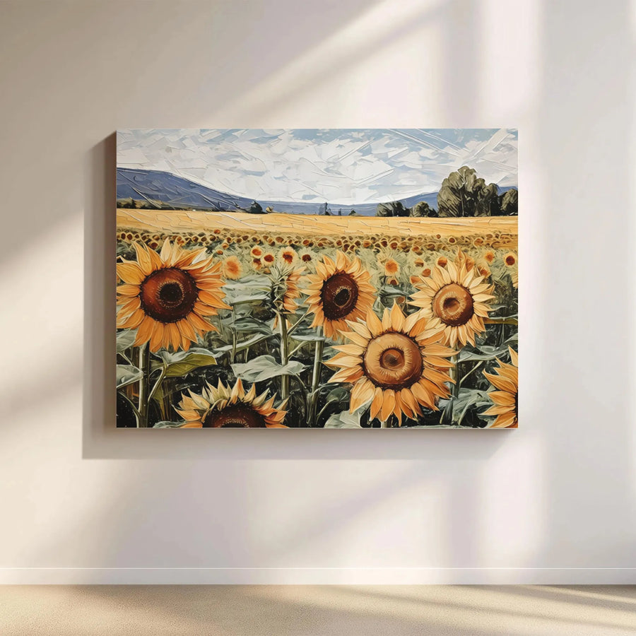 Sunflower Field Canvas Art | Impasto Oil Painting Style Landscape | Premium Gallery-Wrapped Print | Farmhouse Wall Decor for Living Room
