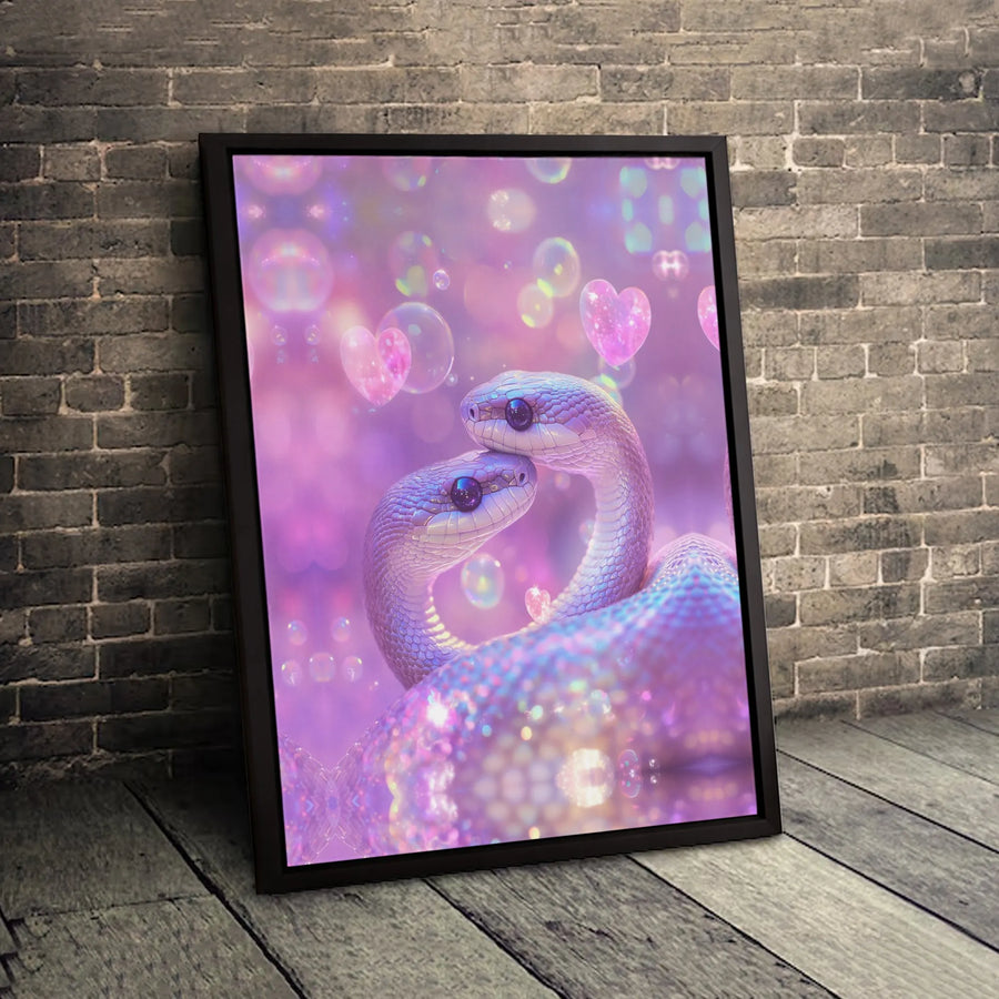 Pastel Snake Couple Canvas Wall Art | Aesthetic Heart Bubbles Print | Premium Gallery-Wrapped Decor | Cute Romantic Gift For Her