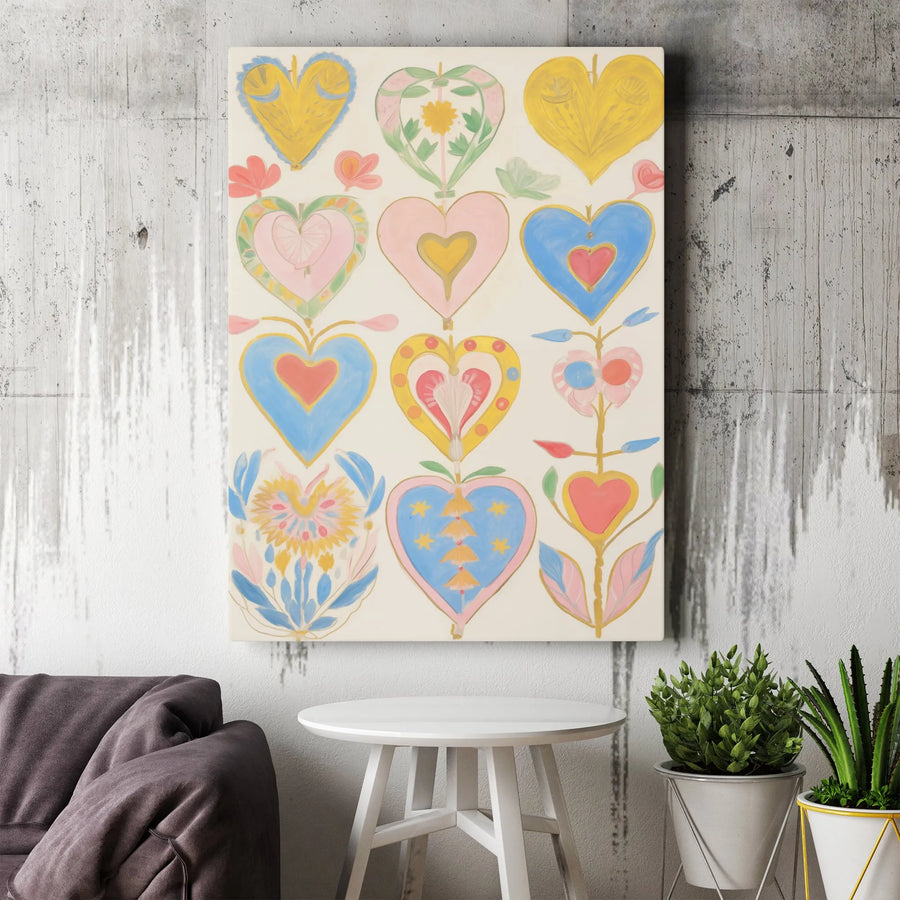 Colorful Folk Art Heart Canvas Wall Art | Whimsical Scandinavian Style Floral Pattern | Premium Gallery-Wrapped Print | Unique Nursery & Living Room Decor Gift