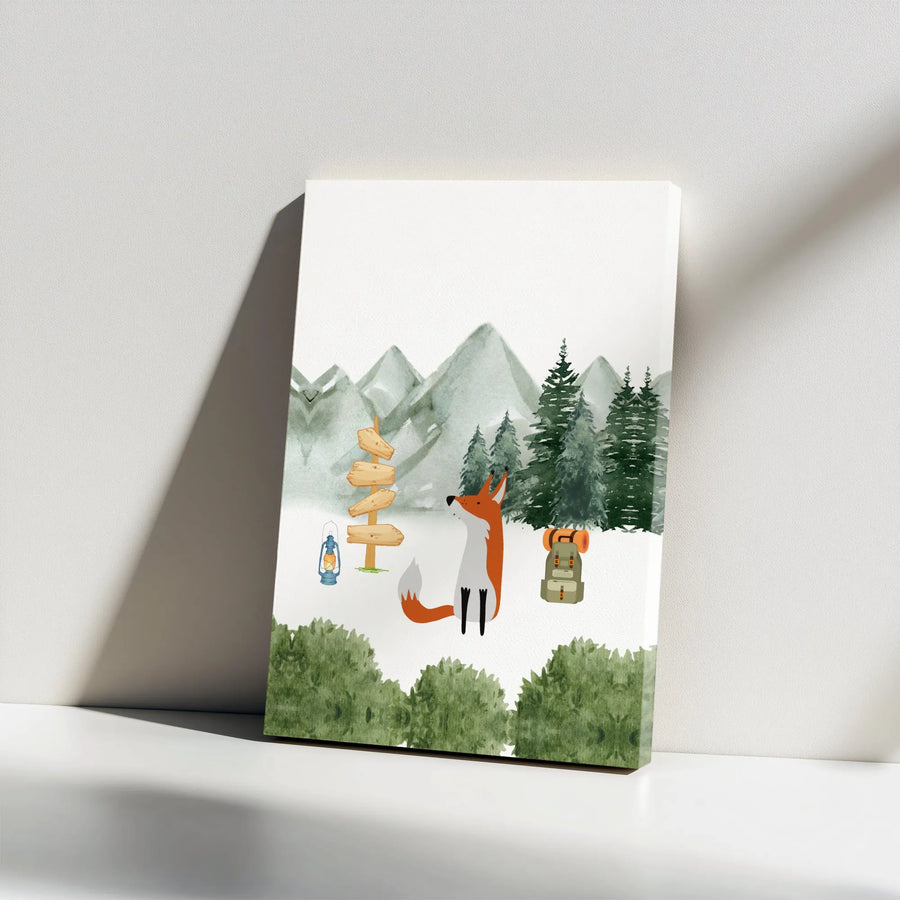 Woodland Fox Canvas Print | Watercolor Mountain Adventure Art | Premium Gallery Wrapped Canvas | Nursery Decor Gift for Kids