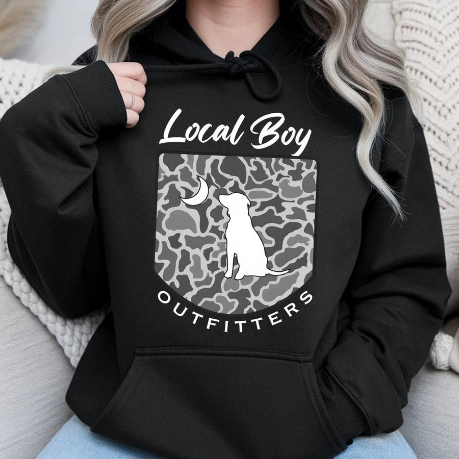 Labrador Retriever Hoodie | Grey Camo Moon Graphic Print | Soft Cotton Blend Premium Pullover | Gift for Dog Lovers and Outdoor Enthusiasts
