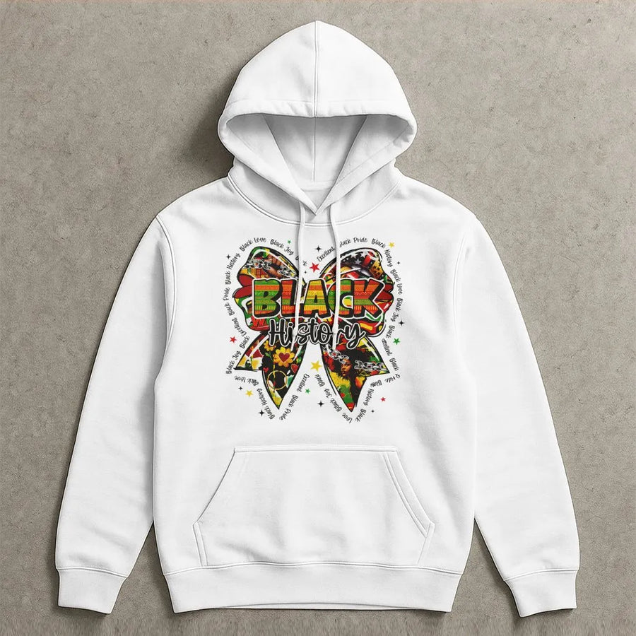 Black History Month Hoodie | Pan-African Bow Graphic Design | Premium Cotton Blend Pullover | Empowerment Gift for Women and Men