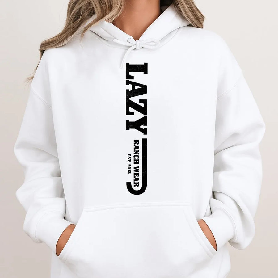 Lazy J Ranch Hoodie | Distressed Vertical Logo Graphic | Soft Cotton Blend | Premium Western Wear Gift for Cowboy