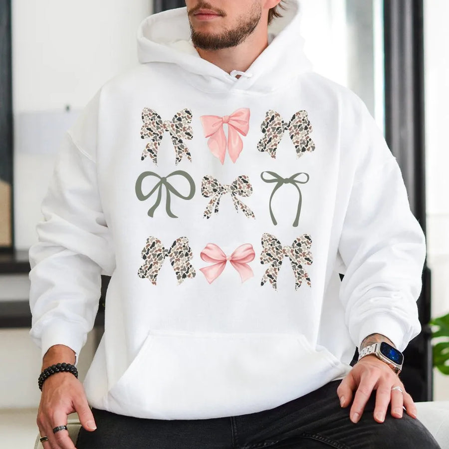 Camo Bow Hoodie | Aesthetic Leopard Print Ribbon Graphic | Premium Cotton Blend Pullover | Cute Country Girl Gift for Women and Teens