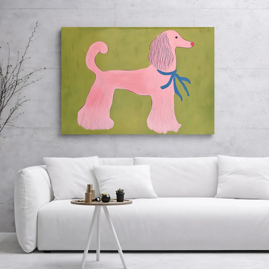 Pink Poodle Wall Art Canvas | Whimsical Dog Portrait with Blue Ribbon | Premium Gallery Wrap Decor | Gift for Dog Lovers & Pet Owners