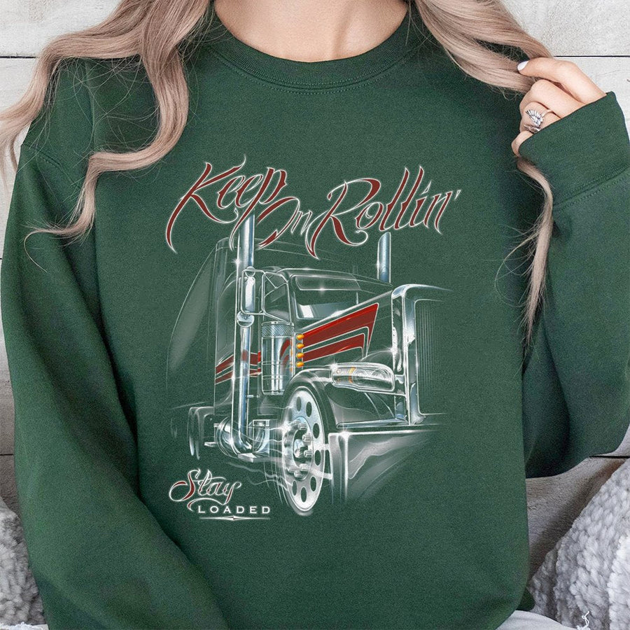 Semi Truck Sweatshirt | Keep On Rollin’ Big Rig Graphic | Premium Cotton Blend | Gift For Truck Driver & American Trucker Enthusiast
