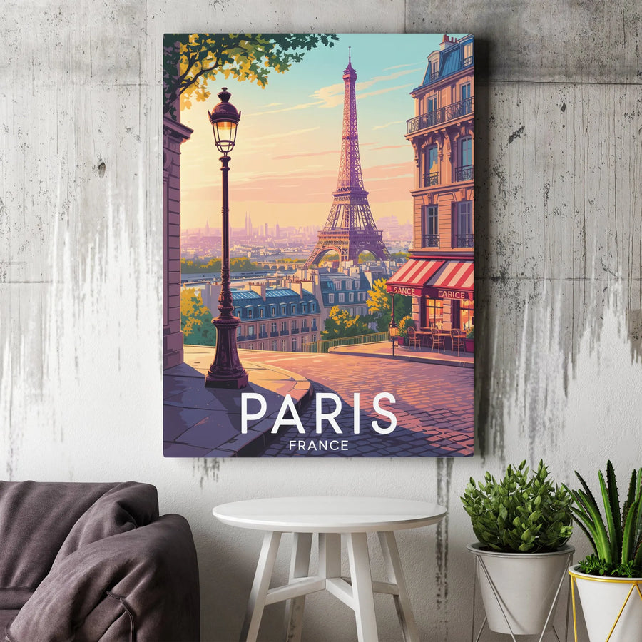 Paris Travel Poster Canvas | Eiffel Tower Street View Art | Premium 1.25-Inch Gallery Wrap | Vintage European City Decor Gift