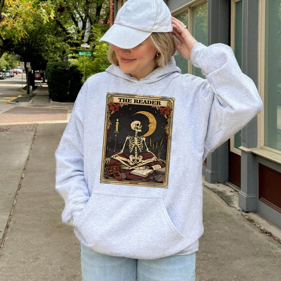 Tarot Card Skeleton Hoodie | The Reader Occult Gothic Graphic Print | Premium Cotton Blend Streetwear | Witchy Aesthetic Gift for Book Lovers