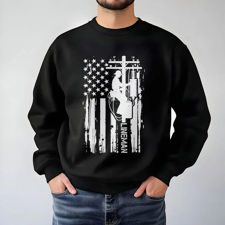 Lineman American Flag Sweatshirt | Distressed Utility Worker Graphic | Premium Cotton Blend | Electrician Gift for Men and Women