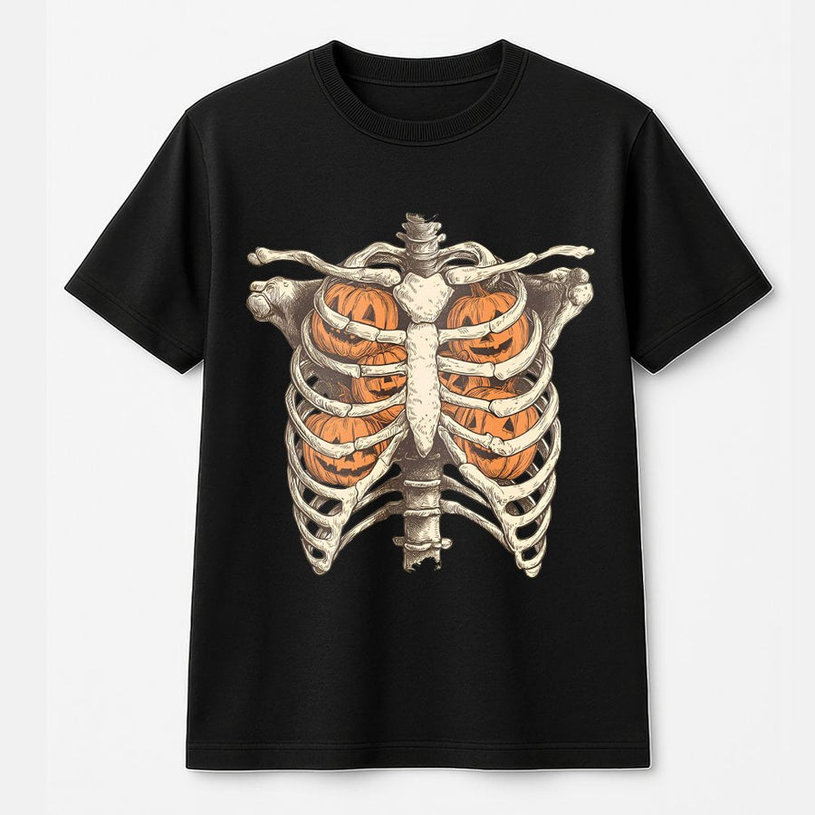 Skeleton Ribcage Pumpkin T-Shirt | Retro Halloween Graphic Tee | 100% Cotton Premium Comfort | Spooky Fall Gift for Women & Men