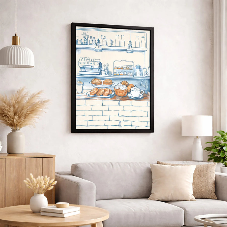 Coffee Shop Bakery Canvas Wall Art | Cozy Cafe Counter Sketch Print | Premium Gallery-Wrapped 1.25" Profile | Kitchen And Coffee Bar Decor