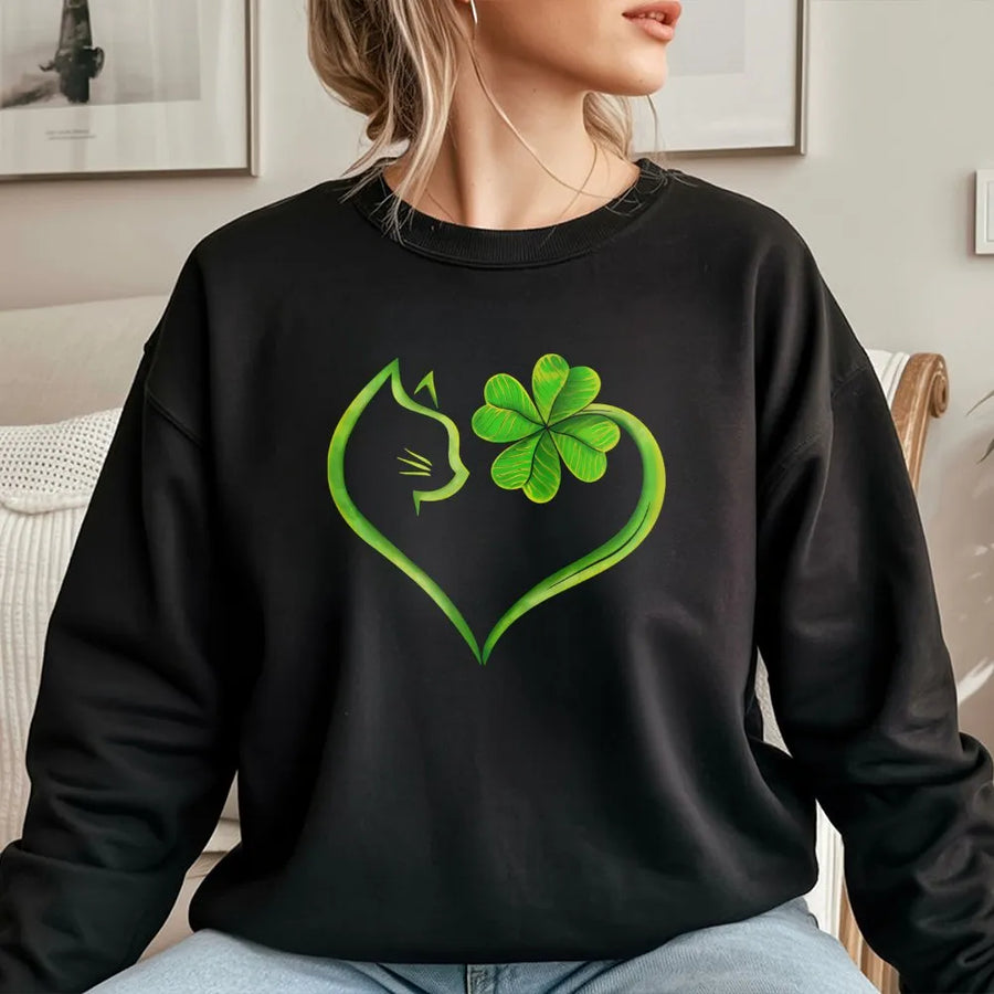 St Patricks Day Cat Sweatshirt | Four Leaf Clover Heart Design | Soft Cotton Blend | Lucky Irish Gift for Cat Lovers