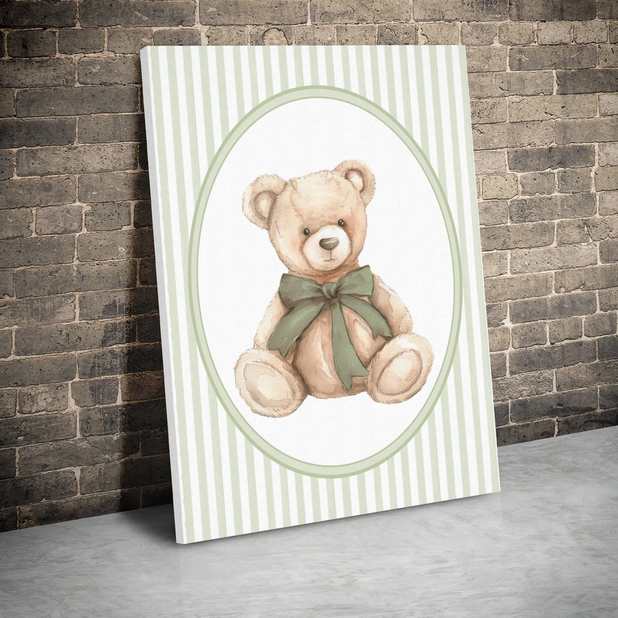 Watercolor Teddy Bear Wall Art | Sage Green Bow Nursery Decor | Premium Gallery Wrapped Canvas | Charming Gift for Baby Shower or Kid Room