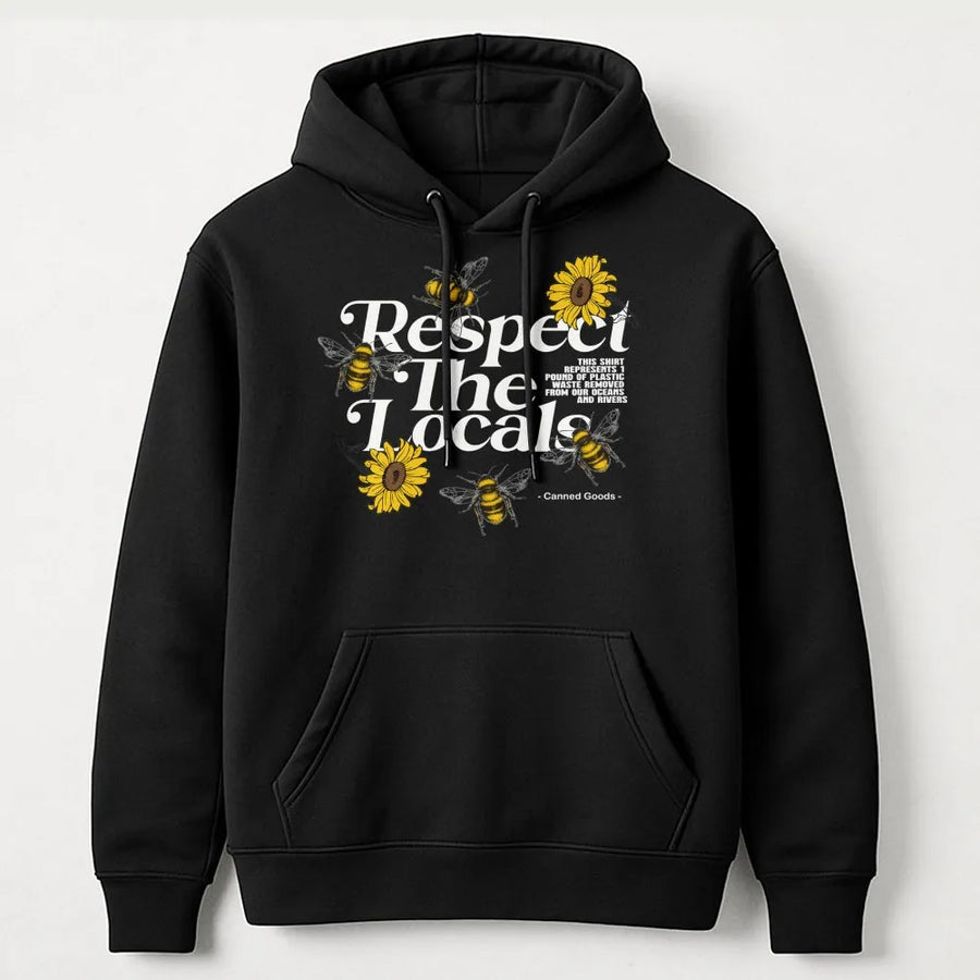Respect The Locals Bee Graphic Hoodie | Sunflower Nature Lover Print | Premium Cotton-Blend | Unisex Eco-Conscious Gift For Gardeners