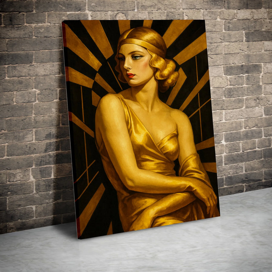 Art Deco Woman Portrait Canvas | Golden Gown Geometric Sunburst Print | 1.25 Inch Gallery Wrap | Elegant Vintage Style Home Office Decor