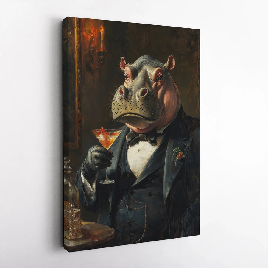 Sophisticated Hippo in Tuxedo Wall Art | Whimsical Animal Portrait | Premium Gallery-Wrapped Canvas | Unique Gift for Bar Decor Enthusiasts