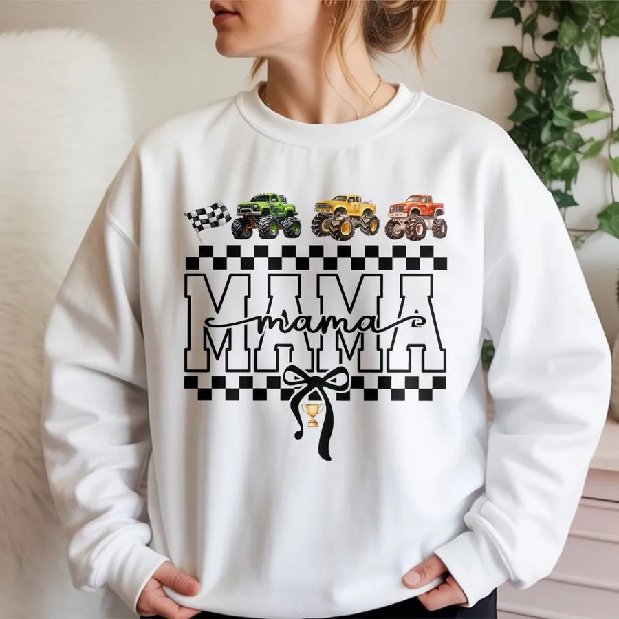 Monster Truck Mama Sweatshirt | Checkered Flag Race Day Graphic | Cotton-Poly Blend Crewneck | Gift for Racing Mom and Boy Mom