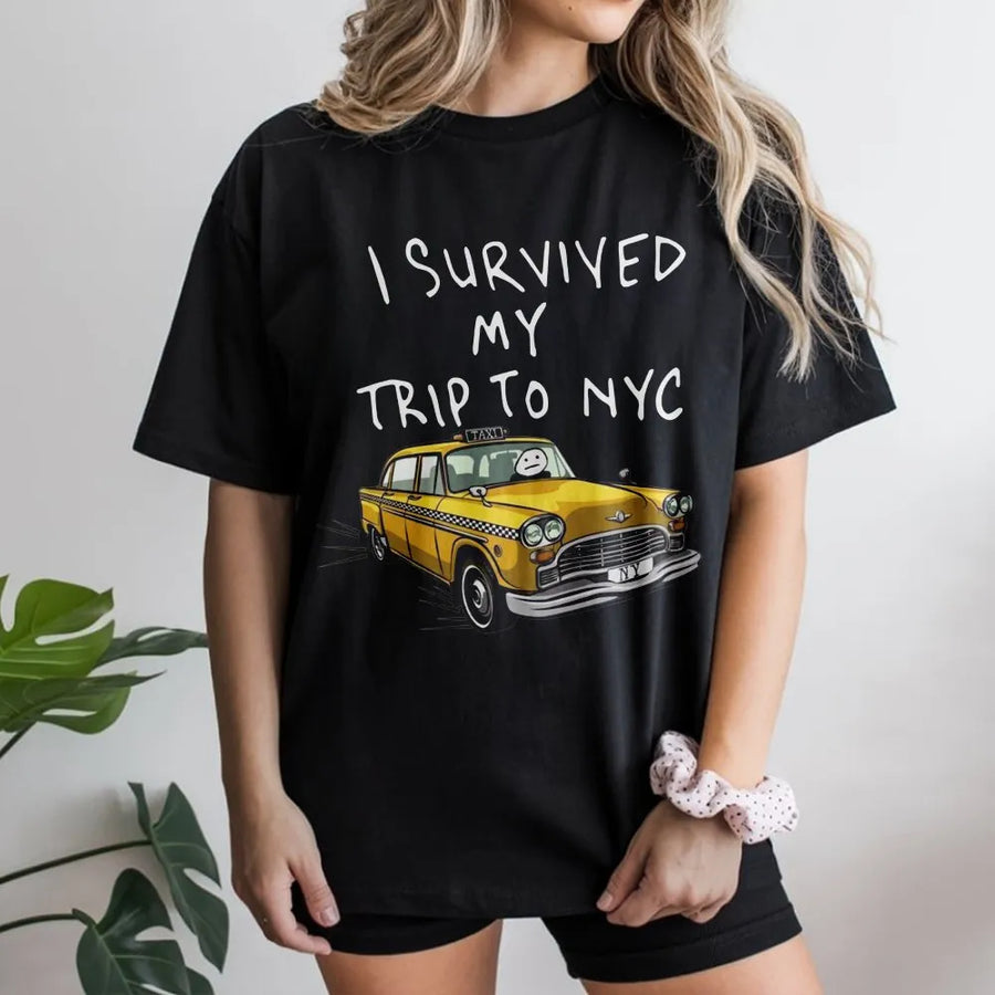I Survived My Trip To NYC T-Shirt | Retro Yellow Taxi Graphic Design | Premium Cotton Comfort Tee | Funny Travel Souvenir Gift for Tourists