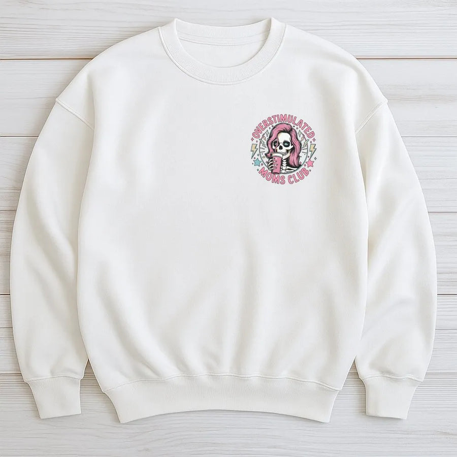 Overstimulated Moms Club Sweatshirt | Funny Skull Iced Coffee Graphic | Premium Cotton Blend Sweatshirt | Unique Gift for Mom, Edgy Mom Life Apparel