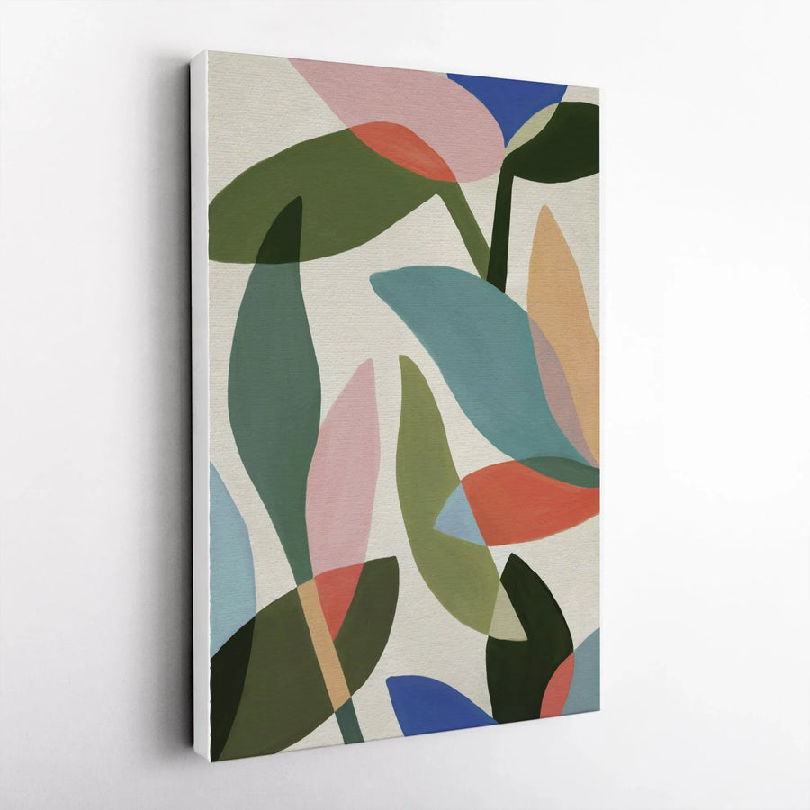Abstract Botanical Vertical Canvas | Mid-Century Modern Leaf Wall Art | Premium Gallery Wrapped Print | Minimalist Living Room Home Decor Gift