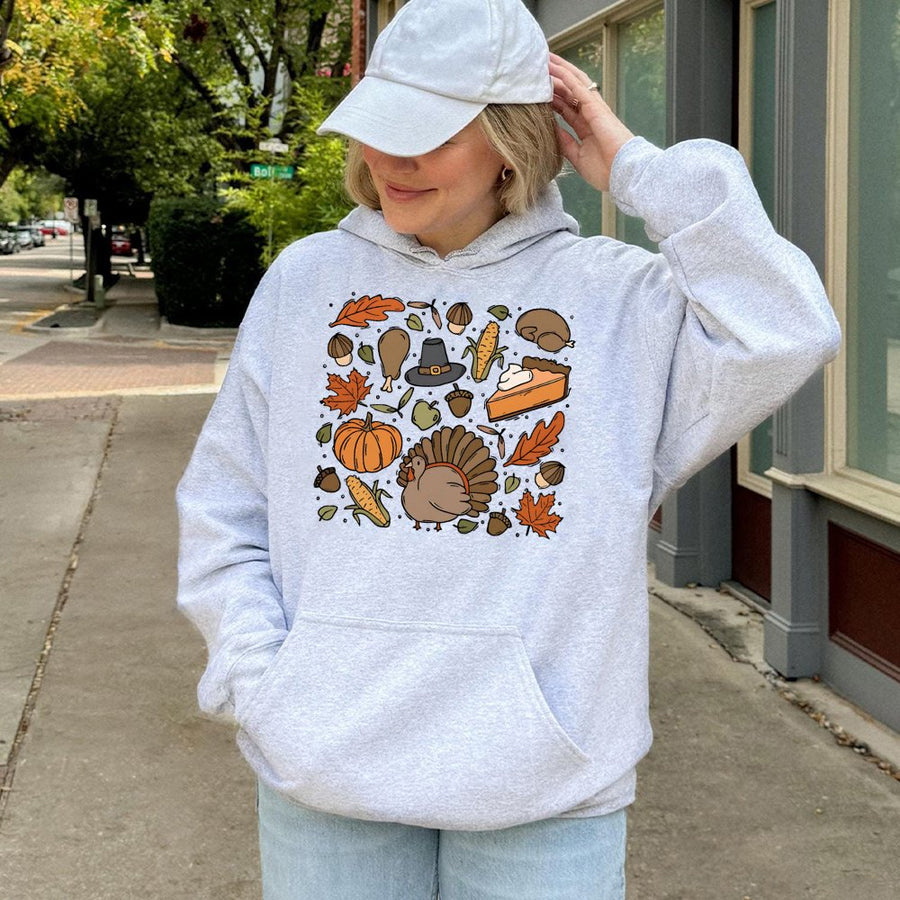 Thanksgiving Hoodie | Retro Doodle Turkey and Pumpkin Pie Design | Soft Cotton-Poly Blend | Cozy Fall Gift for Women and Men