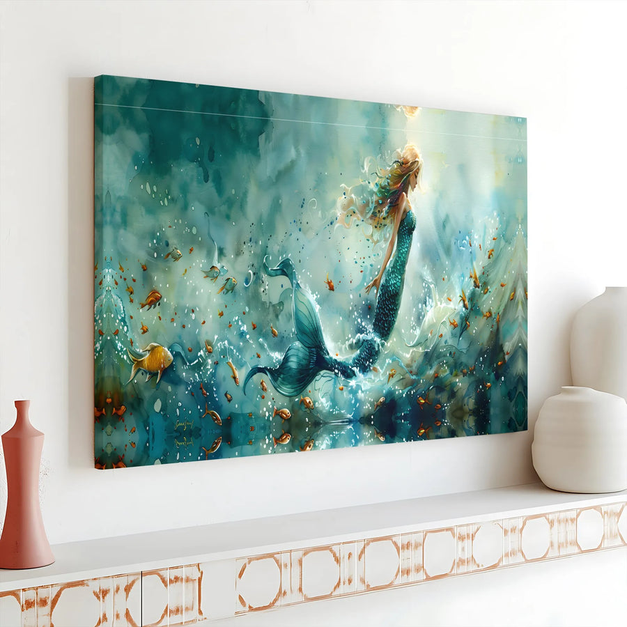 Mermaid Canvas Wall Art | Mystical Underwater Painting Print | Premium Gallery Canvas | Collector's Nautical Home Decor Gift
