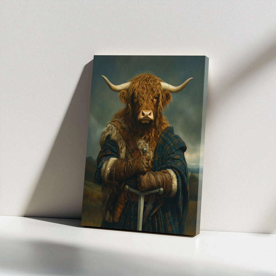 Highland Cow Canvas Print | Scottish Warrior Knight with Sword | Premium Gallery Wrap Wall Art | Unique Home Decor Gift