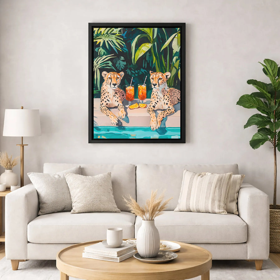 Cheetah Poolside Canvas Wall Art | Whimsical Safari Animals Drinking Cocktails | Premium 1.25-Inch Gallery Wrap | Modern Tropical Home Decor Gift