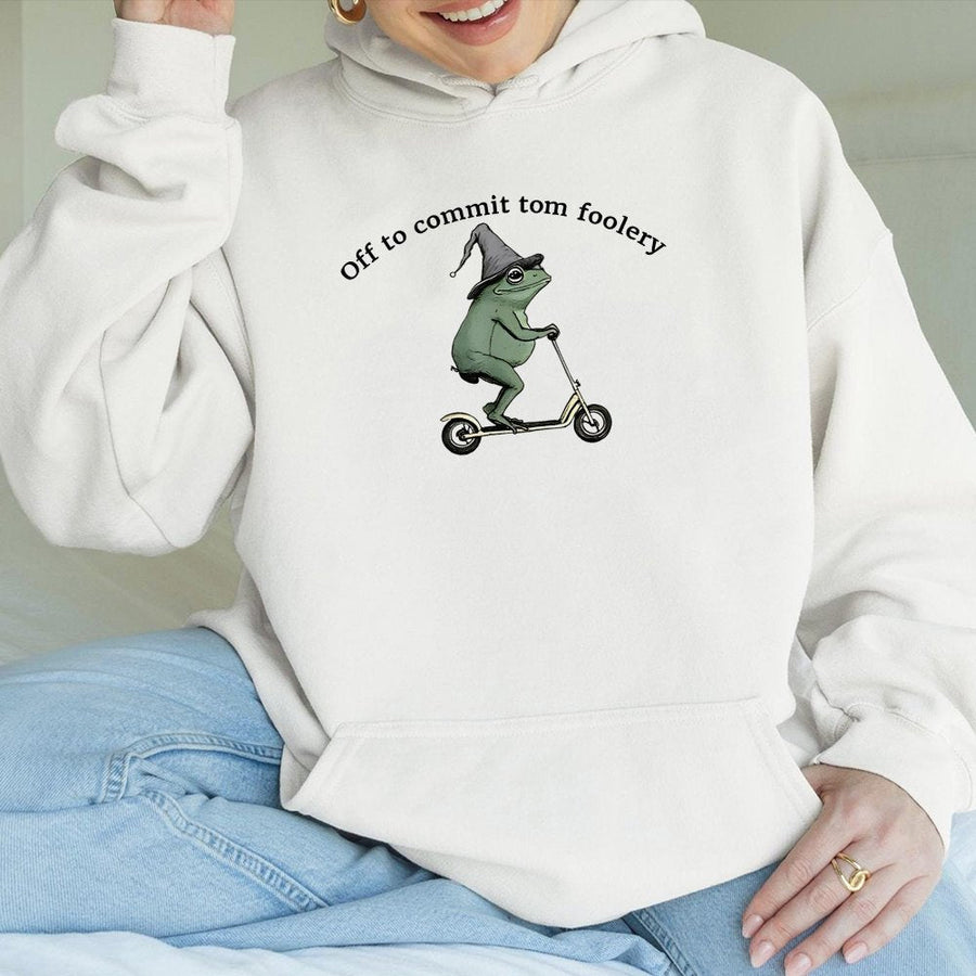Off To Commit Tom Foolery Frog Hoodie | Funny Wizard Frog on Scooter Graphic | Cotton-Poly Blend Sweatshirt | Quirky Gift for Meme Lovers