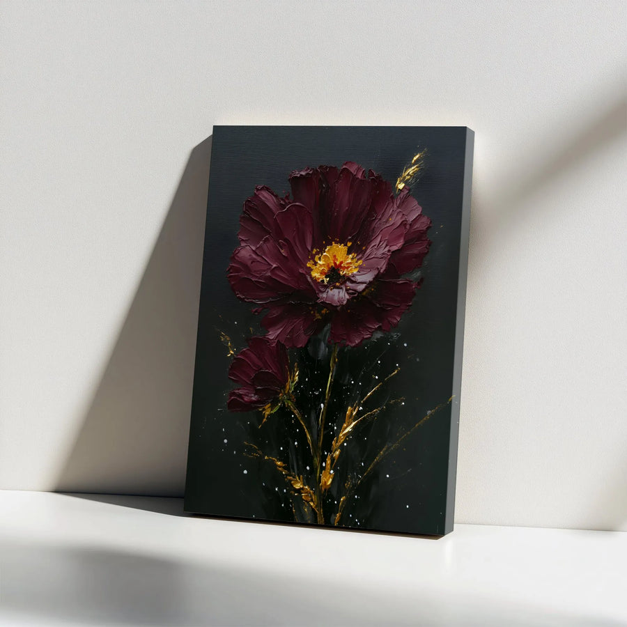 Burgundy Floral Canvas Wall Art | 3D Textured Flower with Gold Accents | Premium Gallery Wrapped Canvas | Modern Botanical Art for Living Room