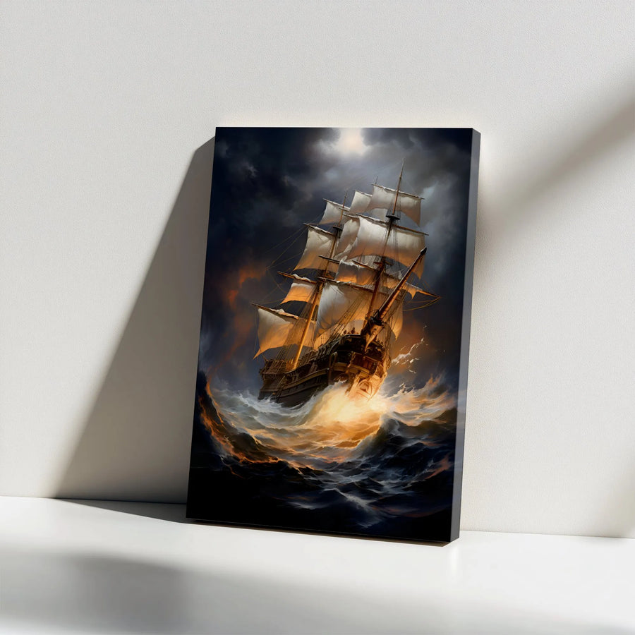 Vintage Tall Ship Canvas Wall Art | Dramatic Stormy Sea Painting | Premium 1.25" Thick Gallery Wrap | Nautical Home Decor Gift for Men