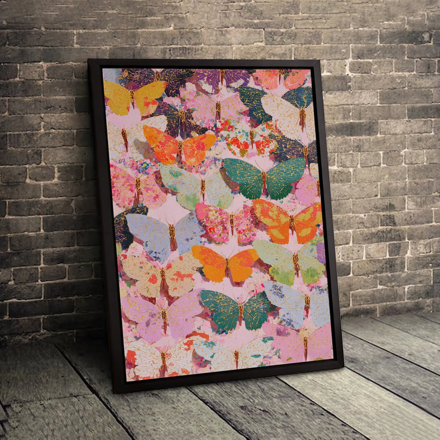 Colorful Butterfly Canvas Wall Art | Whimsical Gold Foil Accent Print | Premium Gallery Wrapped Decor | Modern Home Office Botanical Gift