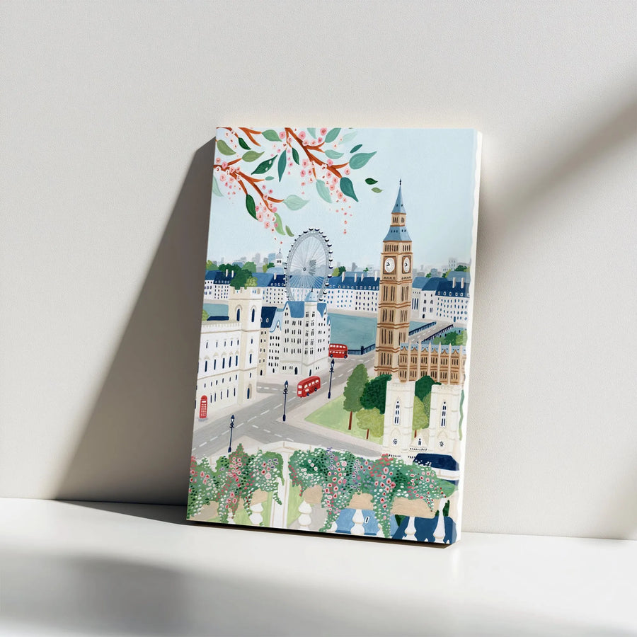London Cityscape Canvas Print | Big Ben and London Eye Wall Art | 1.25 Inch Gallery Wrap | Travel Inspired Home Decor Gift