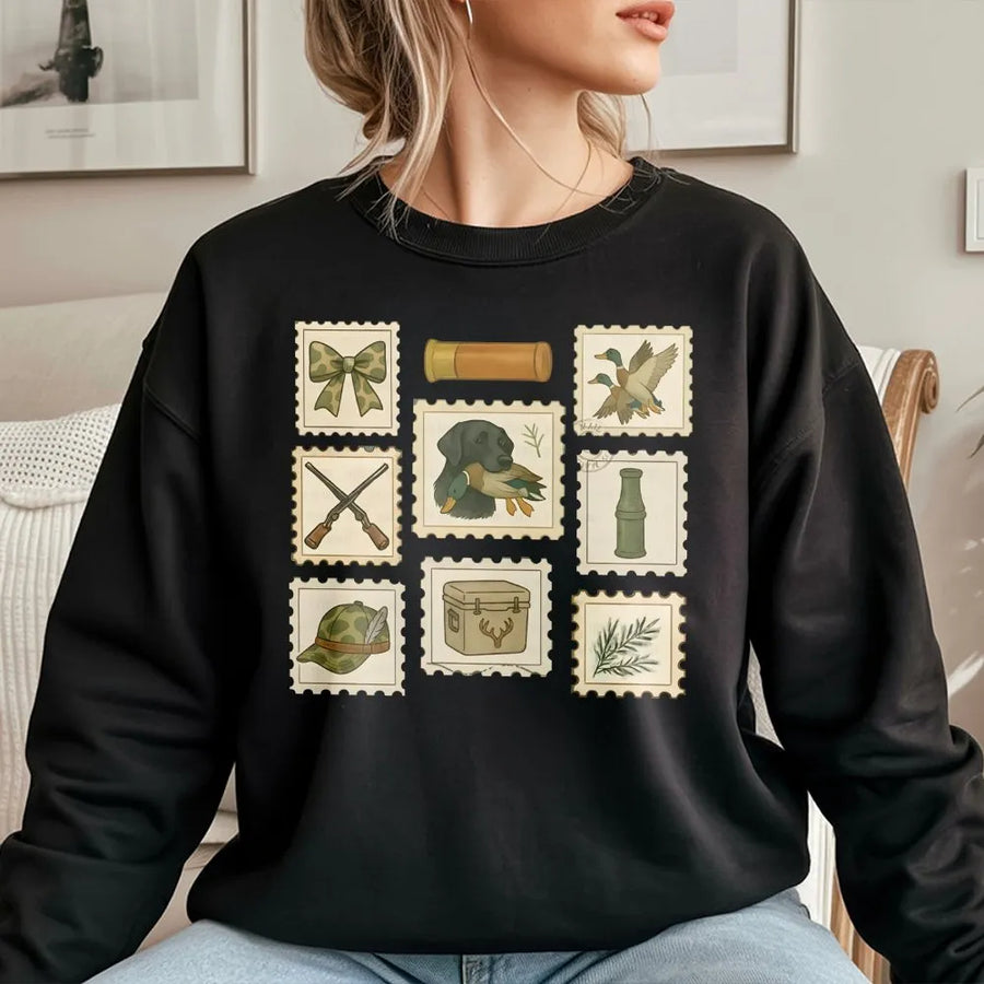 Duck Hunting Sweatshirt | Retro Stamp Collage Print | Premium Cotton Blend | Gift for Hunter and Outdoor Enthusiast