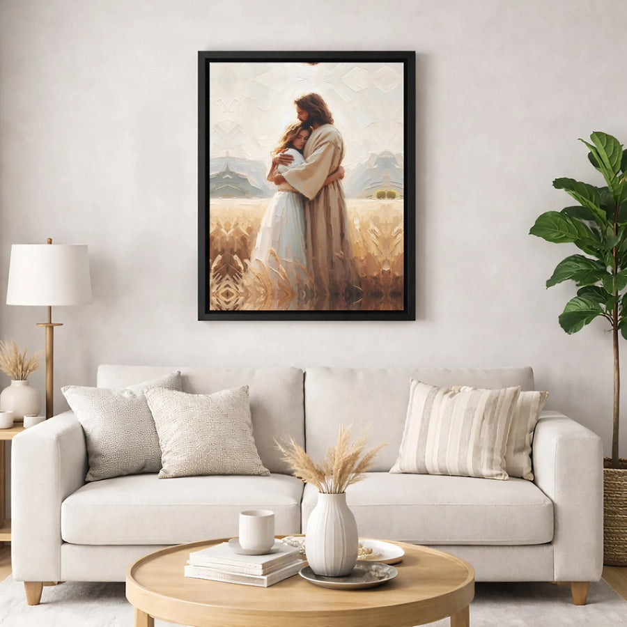 Jesus Embracing Woman Canvas Print | Religious Oil Painting Style | Premium 1.25 Inch Thick Gallery Wrap | Christian Home Decor Gift