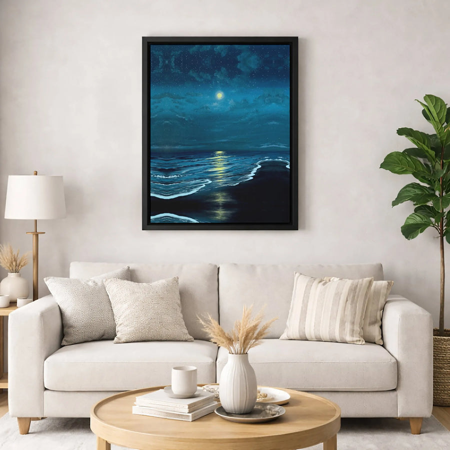 Moonlit Ocean Canvas Wall Art | Night Sky Seascape Print | Premium Fade-Resistant Gallery Wrap | Modern Coastal Decor for Bedroom or Living Room