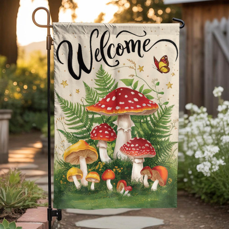 Mushroom Garden Flag | Welcome Floral Forest Cottagecore Decor | Weather-Resistant Polyester | House Yard Art Gift for Nature Lovers