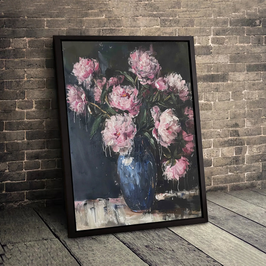 Pink Peony Flower Canvas Art | Still Life Floral Painting in Blue Vase | Premium Gallery Wrapped Decor | Moody Botanical Wall Art Gift