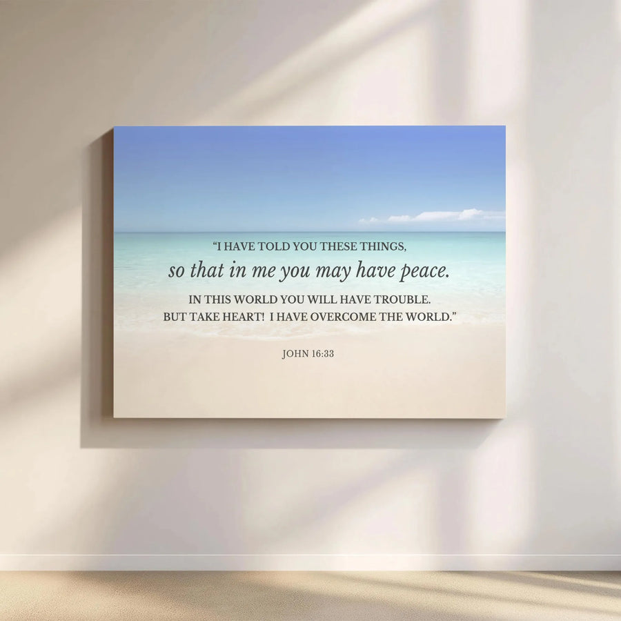 John 16:33 Bible Verse Canvas | Coastal Beach Scenery Wall Art | Premium Fade-Resistant Print | Encouraging Christian Home Decor Gift
