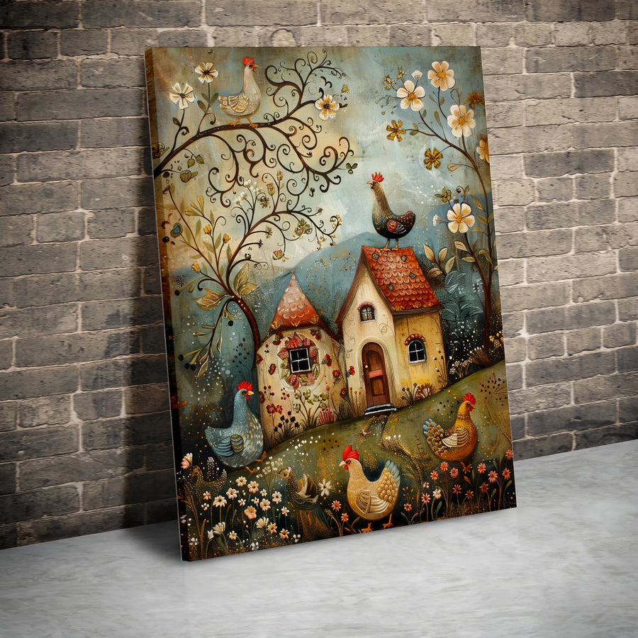 Whimsical Chicken Farmhouse Wall Art | Folk Art Rooster Canvas Print | Premium Gallery Wrapped Decor | Unique Country Kitchen Gift Idea