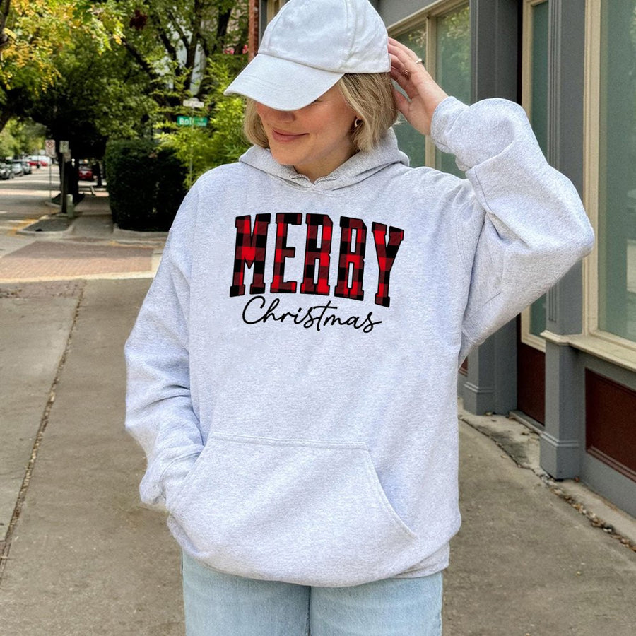 Merry Christmas Hoodie | Buffalo Plaid Red Text Design | Premium Cotton Blend Pullover | Cozy Winter Holiday Gift For Women And Men