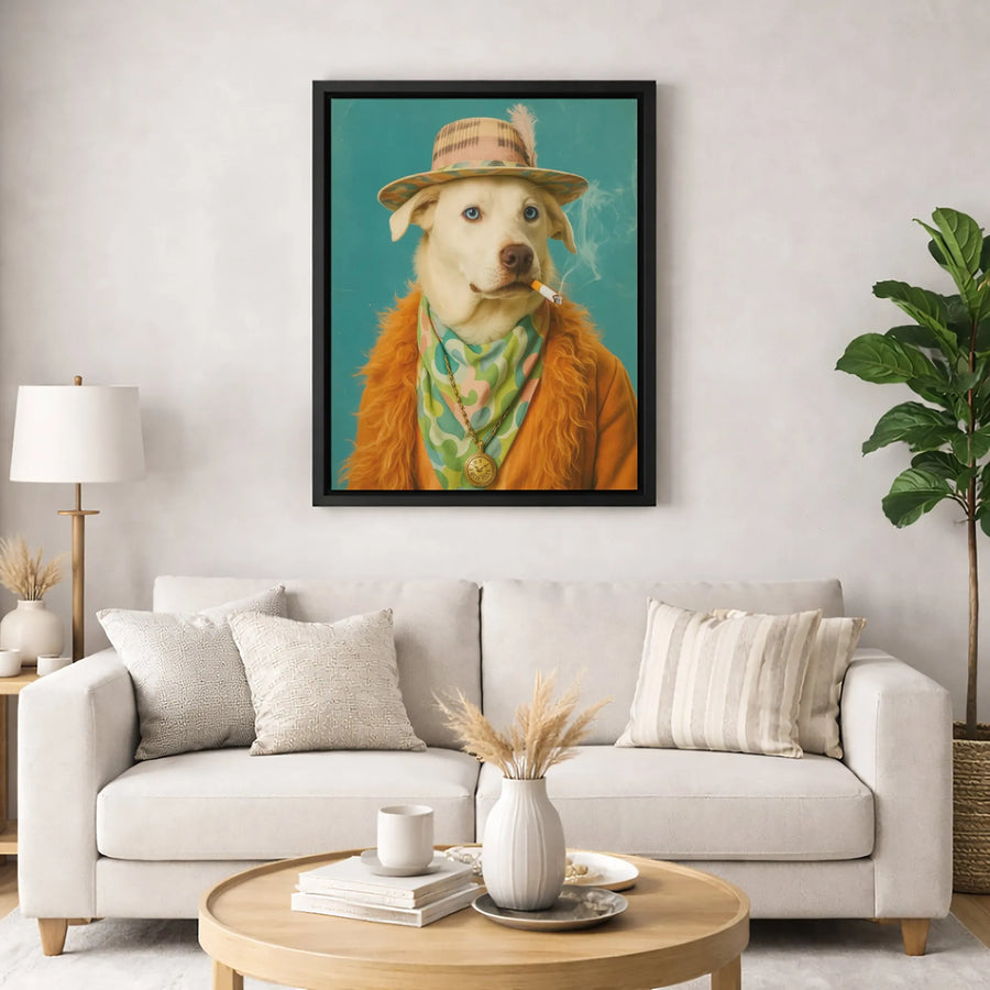 Dog Smoking Cigarette Wall Art | Retro 70s Fashion Husky Portrait | Premium Gallery Wrapped Canvas | Unique Eclectic Home Decor Gift